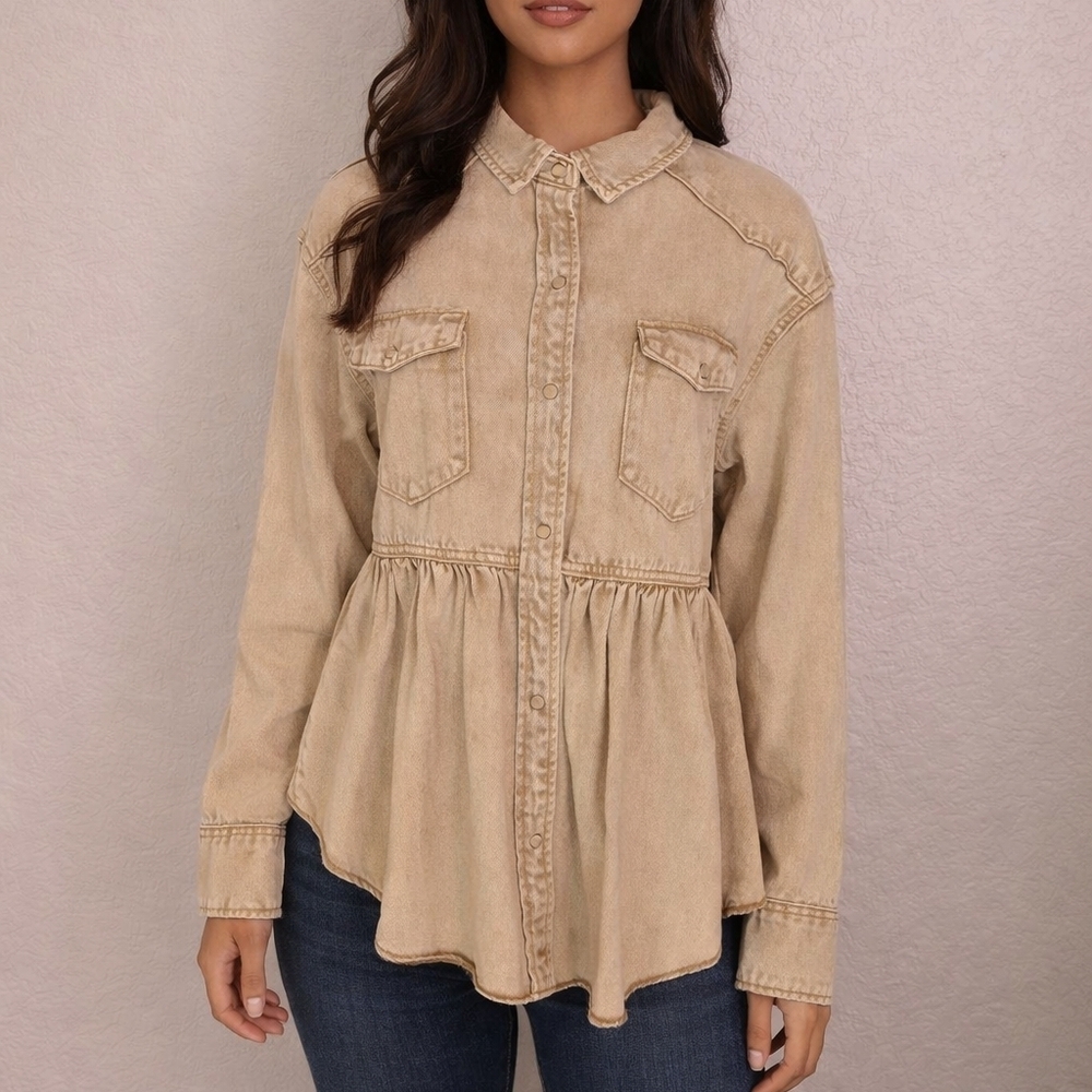 143 Story By Lineup Tan Denim Snap Button Peplum Jean Shacket